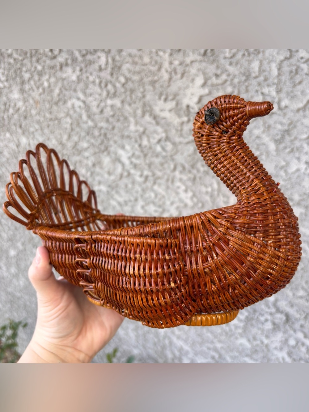 Vintage 1970s Woven Basket, Turkey-Shaped Decor, Thanksgiving Harvest Home Decor